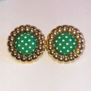 Vintage Gold Tone & Green Polka Dot Clip On Earrings